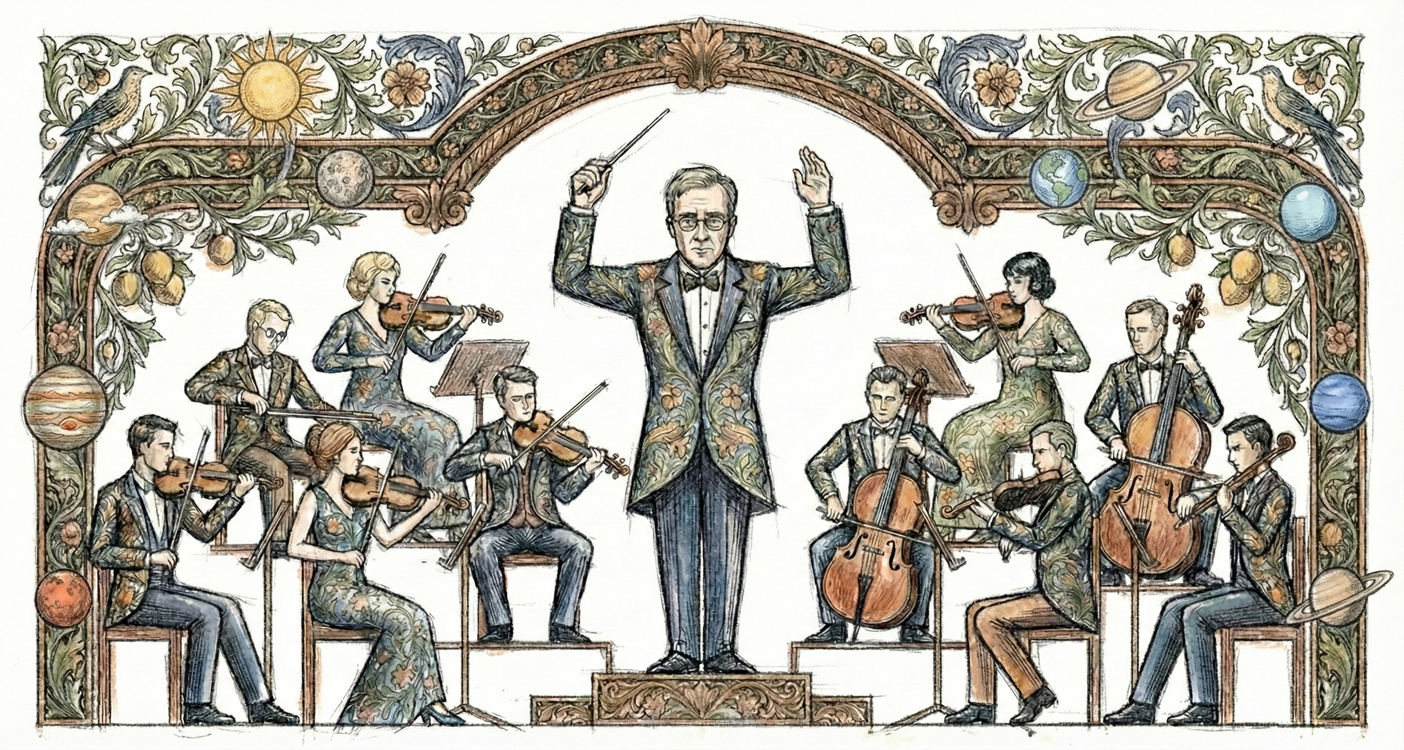 Gustav Holst conducting orchestra in William Morris style with planetary motifs